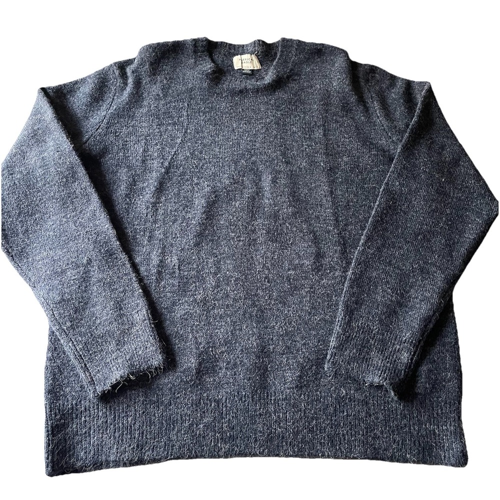 American Eagle Sweater Mens Wool Blend M Gray Fuzzy Knit Old Money Layering